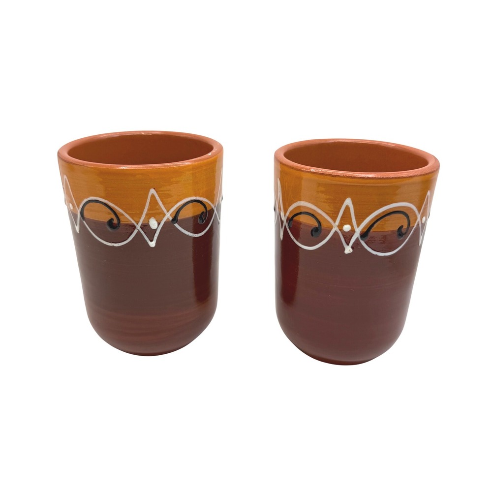 Vtg Cactus Canyon Hand Painted Cups‎ Spain Terracotta Pottery Tumblers Set of 2